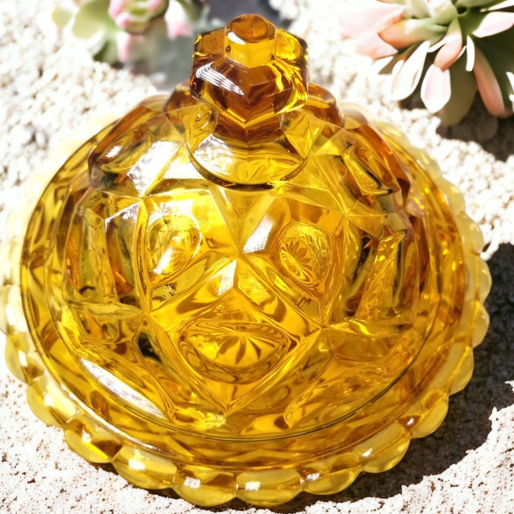 Honey Amber Butter Dish New Martinsburg Viking Glass Thumb Diamond Print - Picture 10 of 11